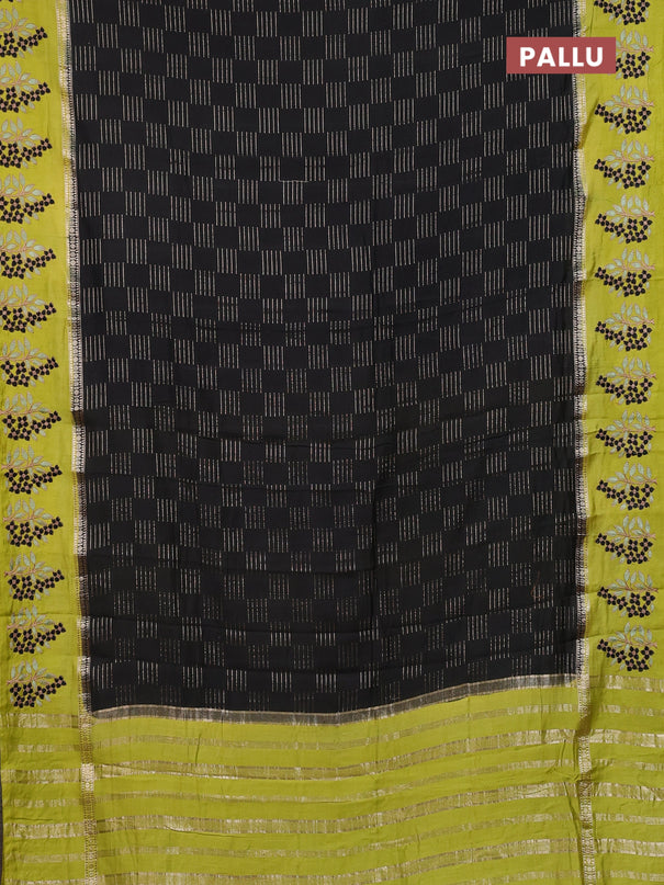 Semi chanderi saree black and lime green with allover zari weaves and embroidery border