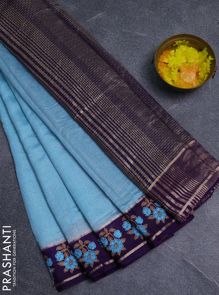 Semi chanderi saree light blue and violet with allover zari weaves and embroidery zari border