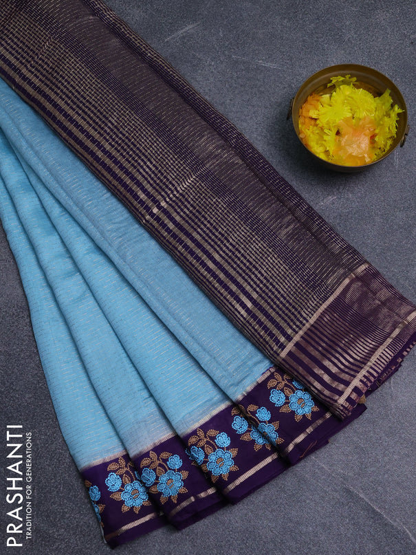 Semi chanderi saree light blue and violet with allover zari weaves and embroidery zari border