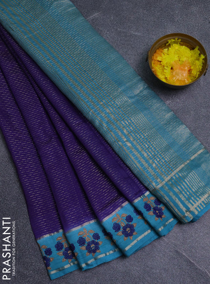 Semi chanderi saree blue and teal blue with allover zari weaves and embroidery zari border