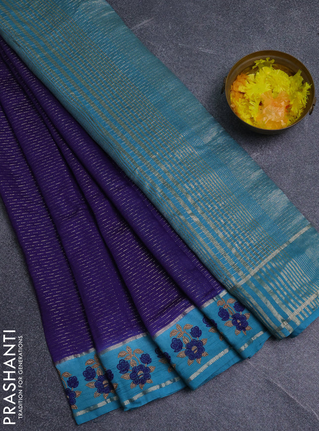Semi chanderi saree blue and teal blue with allover zari weaves and embroidery zari border