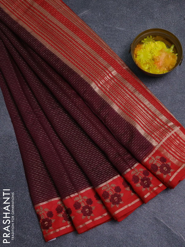 Semi chanderi saree deep maroon and red with allover zari weaves and embroidery zari border