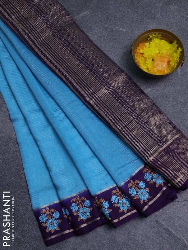 Semi chanderi saree light blue and violet with allover zari weaves and embroidery zari border