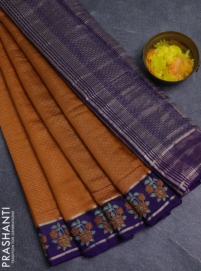 Semi chanderi saree dark mustard and violet with allover zari weaves and embroidery zari border