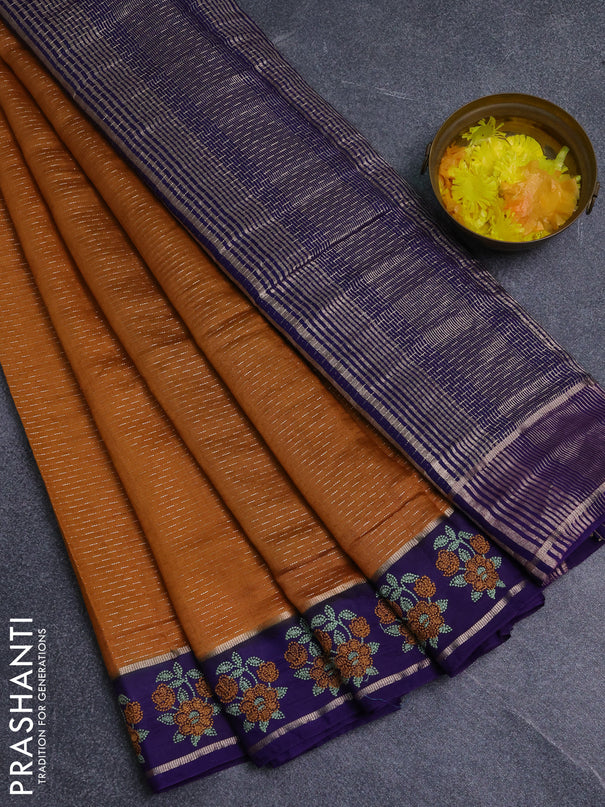 Semi chanderi saree dark mustard and violet with allover zari weaves and embroidery zari border