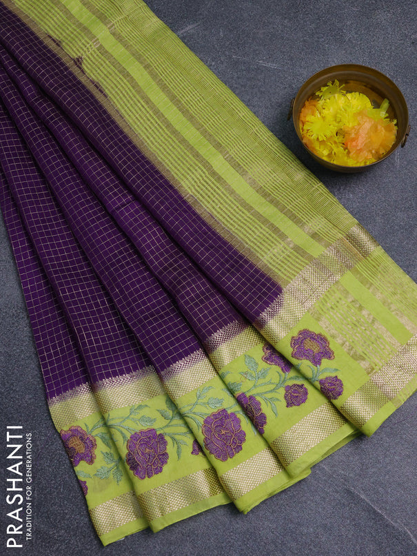 Semi chanderi saree violet and lime yellow with allover zari woven checked pattern and embroidery zari border