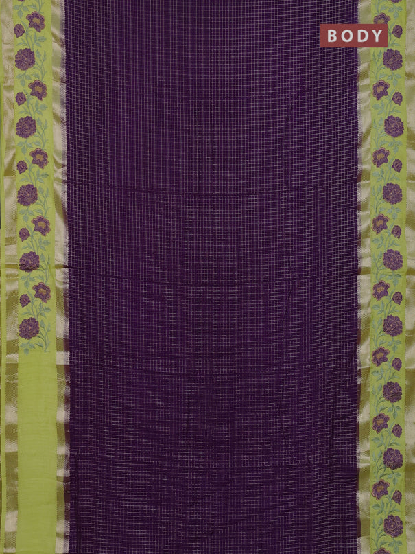 Semi chanderi saree violet and lime yellow with allover zari woven checked pattern and embroidery zari border