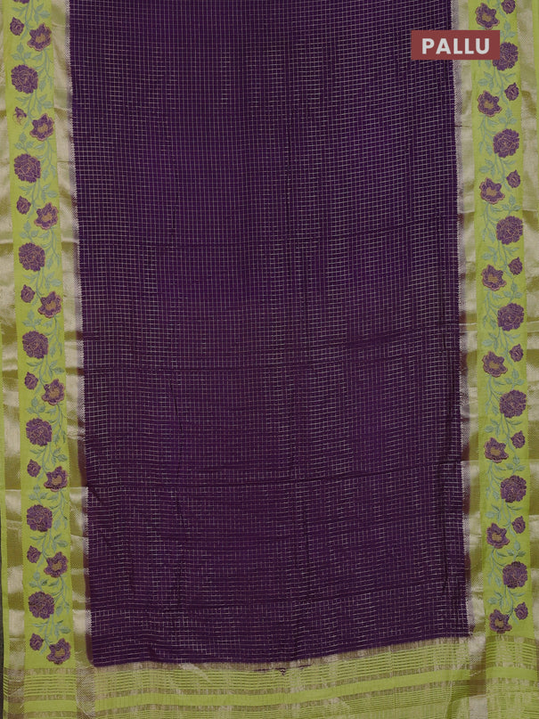 Semi chanderi saree violet and lime yellow with allover zari woven checked pattern and embroidery zari border