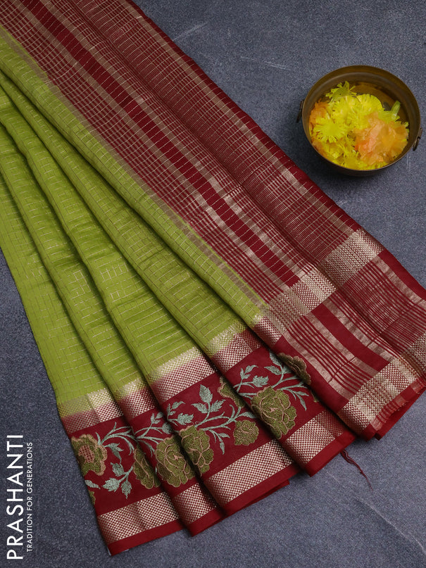Semi chanderi saree light green and maroon with allover zari woven checked pattern and embroidery zari border