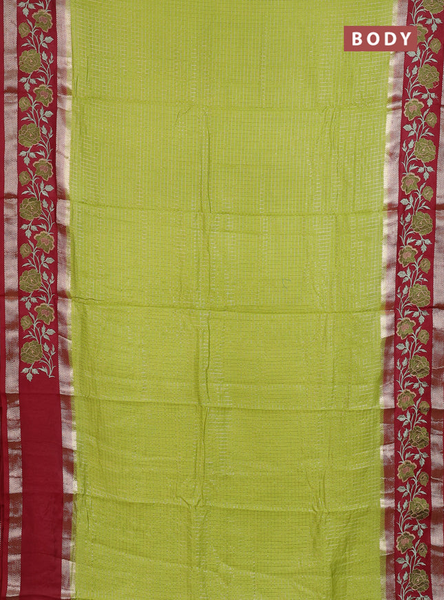 Semi chanderi saree light green and maroon with allover zari woven checked pattern and embroidery zari border