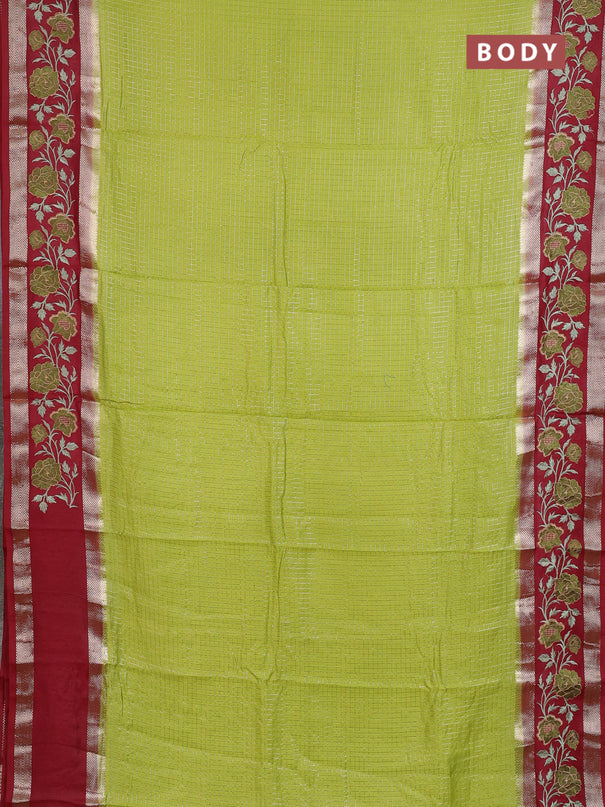 Semi chanderi saree light green and maroon with allover zari woven checked pattern and embroidery zari border