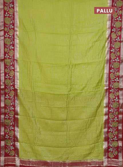 Semi chanderi saree light green and maroon with allover zari woven checked pattern and embroidery zari border