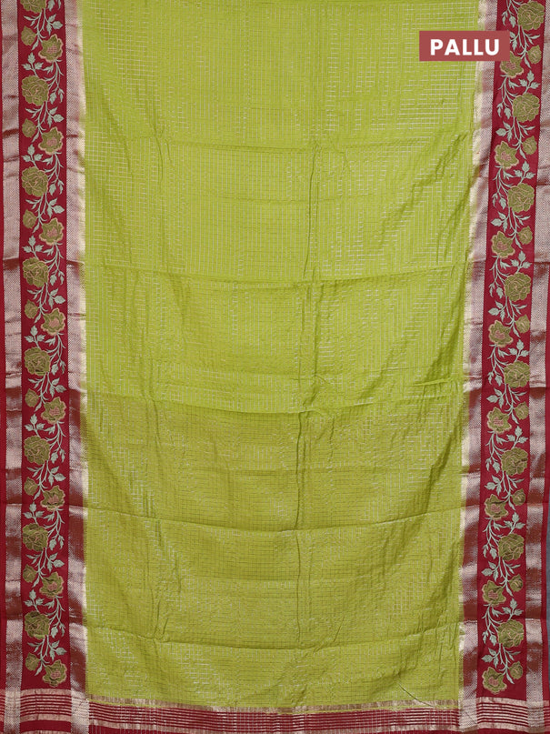 Semi chanderi saree light green and maroon with allover zari woven checked pattern and embroidery zari border