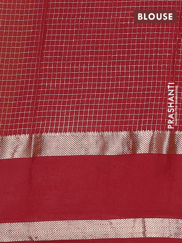 Semi chanderi saree light green and maroon with allover zari woven checked pattern and embroidery zari border
