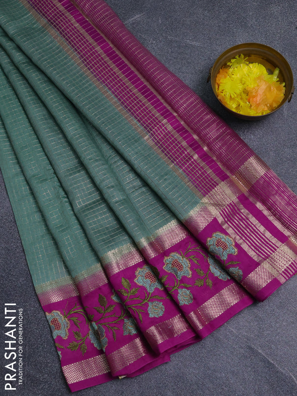Semi chanderi saree pastel green and purple shade with allover zari woven checked pattern and embroidery zari border