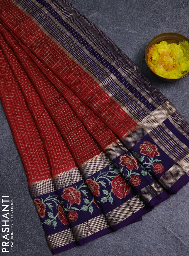 Semi chanderi saree maroon and violet with allover zari woven checked pattern and embroidery zari border