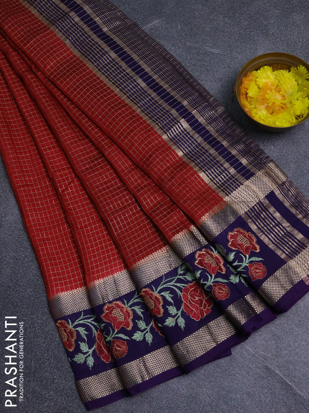 Semi chanderi saree maroon and violet with allover zari woven checked pattern and embroidery zari border