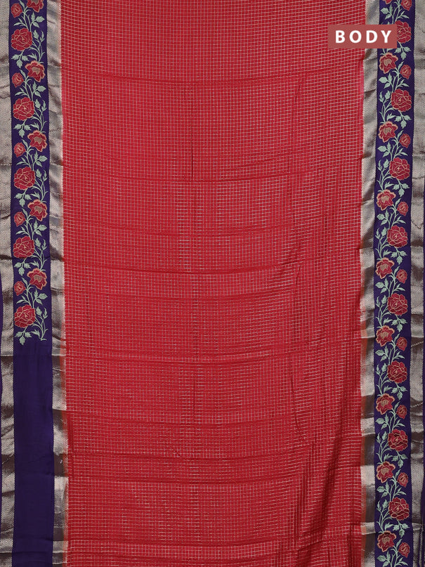 Semi chanderi saree maroon and violet with allover zari woven checked pattern and embroidery zari border