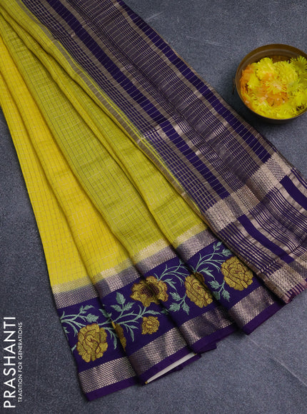 Semi chanderi saree yellow and violet with allover zari woven checked pattern and embroidery zari border