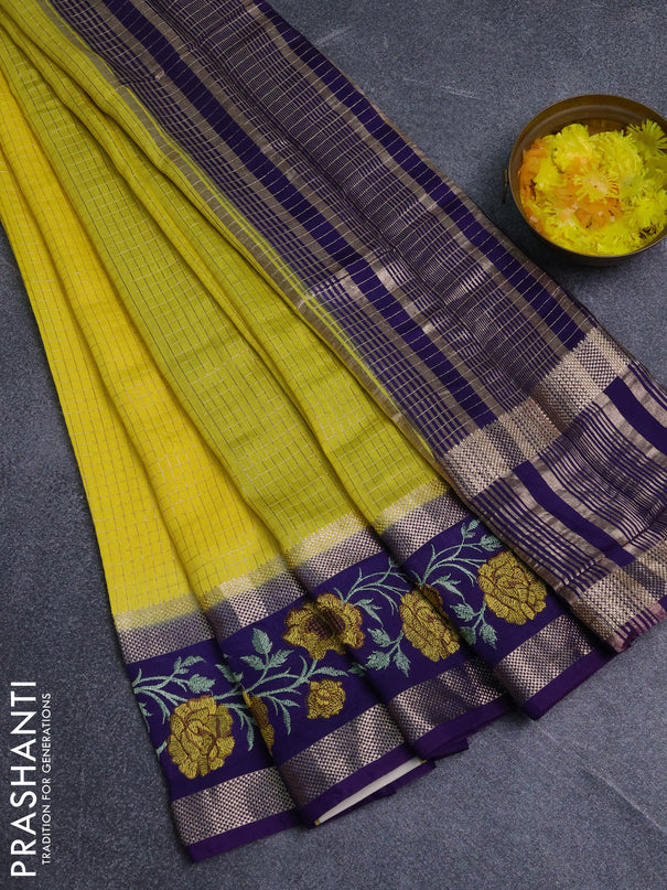 Semi chanderi saree yellow and violet with allover zari woven checked pattern and embroidery zari border