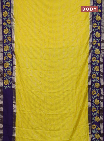 Semi chanderi saree yellow and violet with allover zari woven checked pattern and embroidery zari border