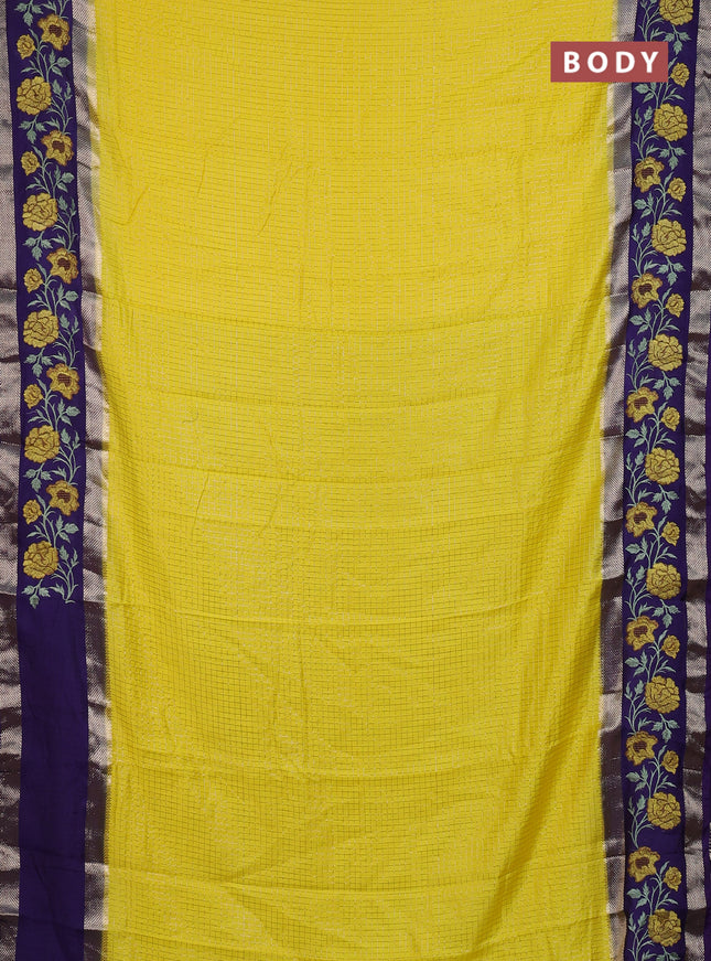 Semi chanderi saree yellow and violet with allover zari woven checked pattern and embroidery zari border