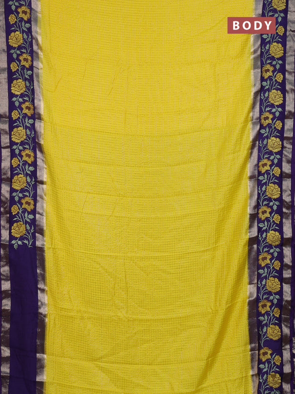 Semi chanderi saree yellow and violet with allover zari woven checked pattern and embroidery zari border