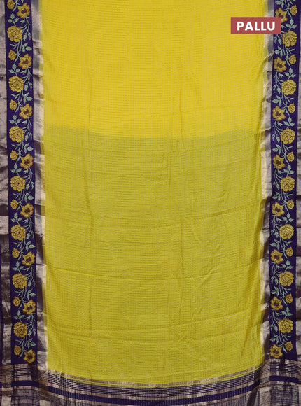 Semi chanderi saree yellow and violet with allover zari woven checked pattern and embroidery zari border