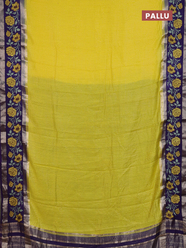 Semi chanderi saree yellow and violet with allover zari woven checked pattern and embroidery zari border