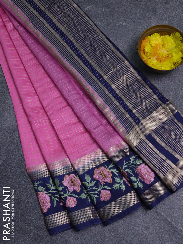 Semi chanderi saree light pink and navy blue with allover zari woven checked pattern and embroidery zari border