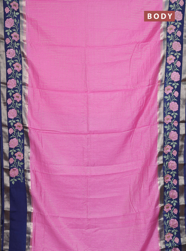 Semi chanderi saree light pink and navy blue with allover zari woven checked pattern and embroidery zari border