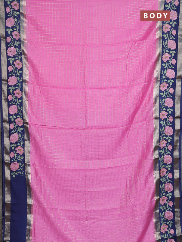 Semi chanderi saree light pink and navy blue with allover zari woven checked pattern and embroidery zari border