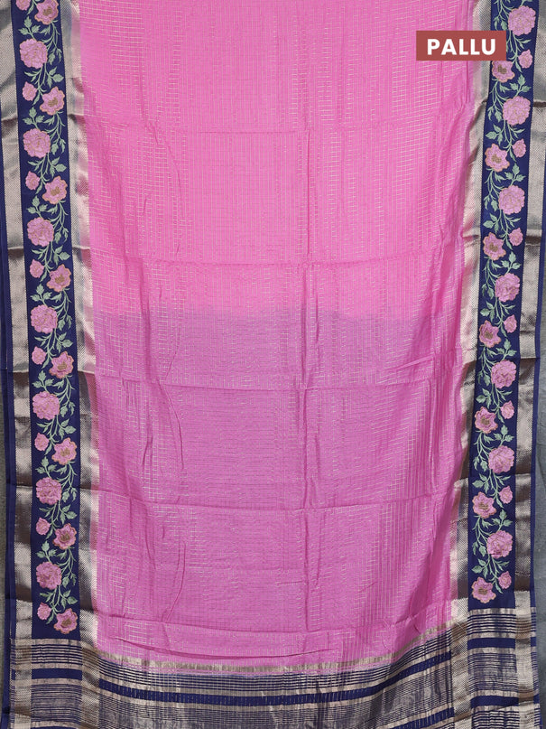 Semi chanderi saree light pink and navy blue with allover zari woven checked pattern and embroidery zari border