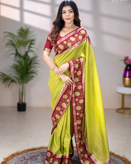 Semi chanderi saree light green and maroon with allover zari woven checked pattern and embroidery zari border