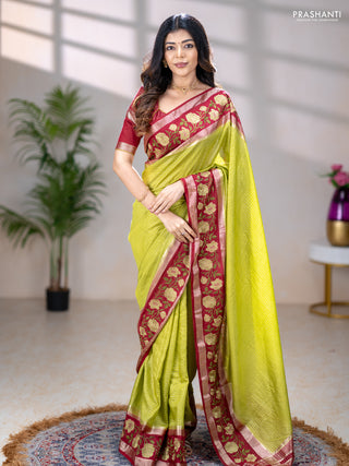 Semi chanderi saree light green and maroon with allover zari woven checked pattern and embroidery zari border
