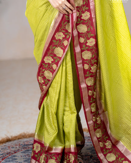 Semi chanderi saree light green and maroon with allover zari woven checked pattern and embroidery zari border