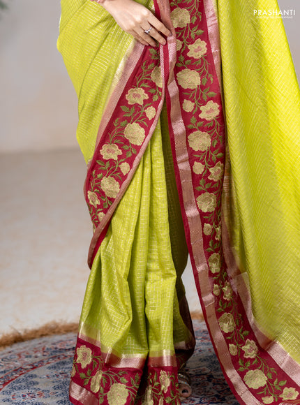 Semi chanderi saree light green and maroon with allover zari woven checked pattern and embroidery zari border