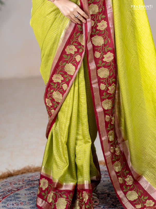 Semi chanderi saree light green and maroon with allover zari woven checked pattern and embroidery zari border