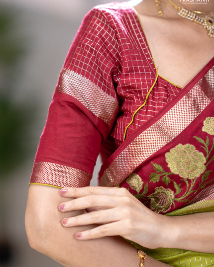 Semi chanderi saree light green and maroon with allover zari woven checked pattern and embroidery zari border