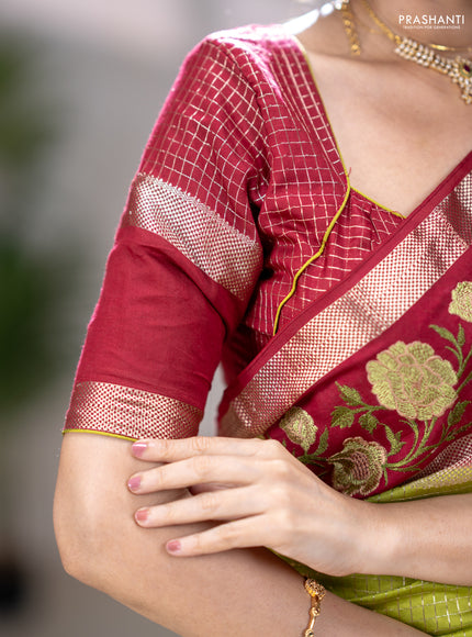 Semi chanderi saree light green and maroon with allover zari woven checked pattern and embroidery zari border