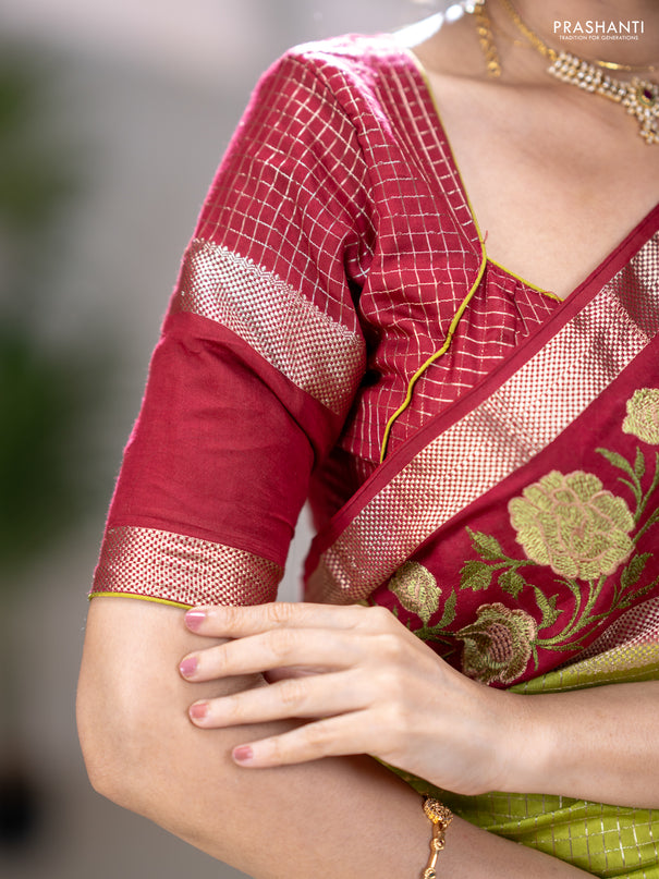 Semi chanderi saree light green and maroon with allover zari woven checked pattern and embroidery zari border