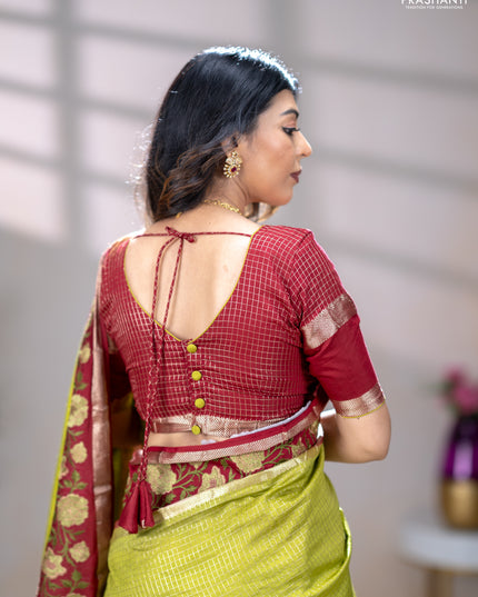 Semi chanderi saree light green and maroon with allover zari woven checked pattern and embroidery zari border