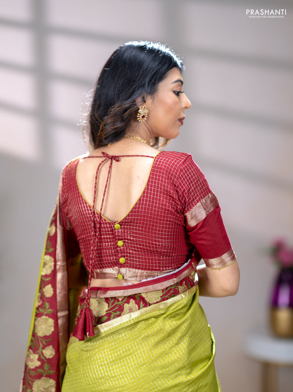 Semi chanderi saree light green and maroon with allover zari woven checked pattern and embroidery zari border
