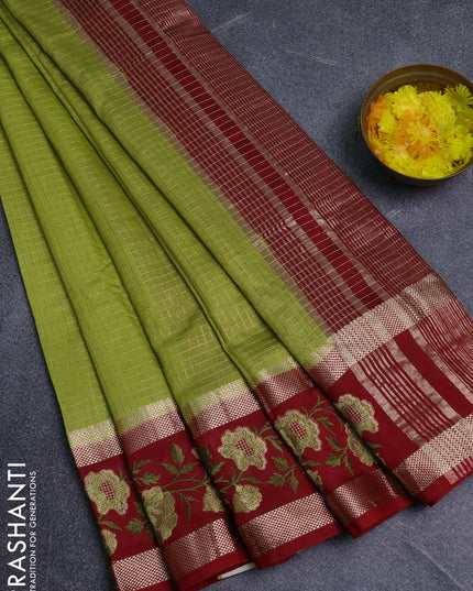 Semi chanderi saree light green and maroon with allover zari woven checked pattern and embroidery zari border