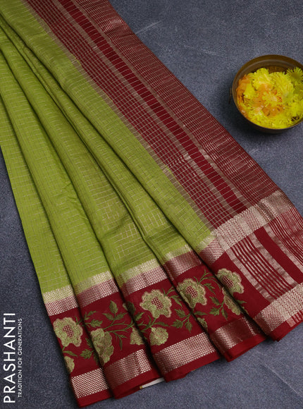 Semi chanderi saree light green and maroon with allover zari woven checked pattern and embroidery zari border