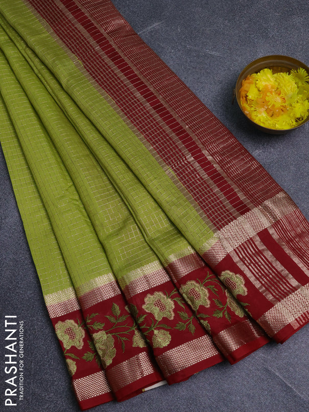 Semi chanderi saree light green and maroon with allover zari woven checked pattern and embroidery zari border