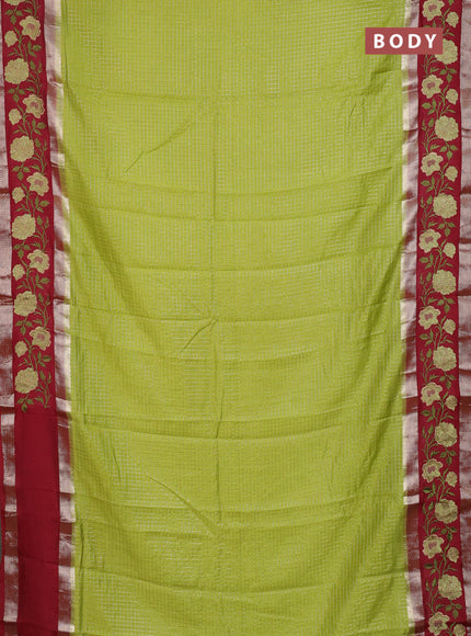 Semi chanderi saree light green and maroon with allover zari woven checked pattern and embroidery zari border
