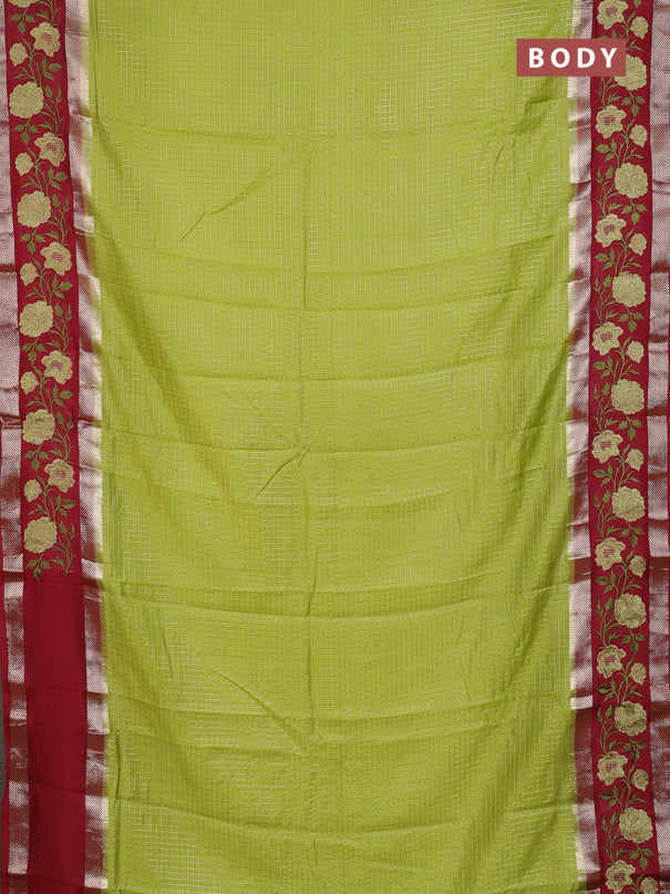 Semi chanderi saree light green and maroon with allover zari woven checked pattern and embroidery zari border