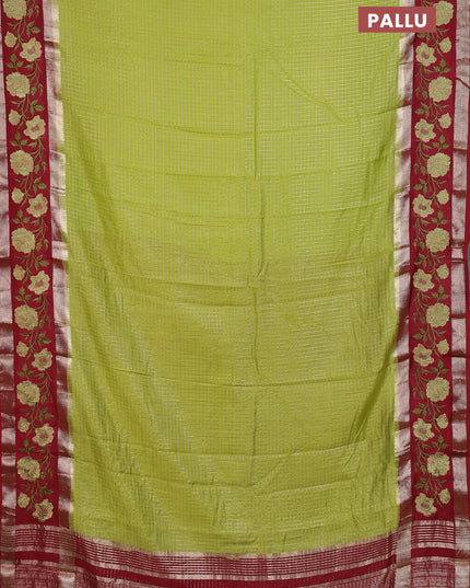 Semi chanderi saree light green and maroon with allover zari woven checked pattern and embroidery zari border