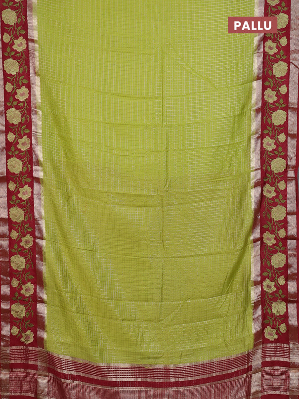 Semi chanderi saree light green and maroon with allover zari woven checked pattern and embroidery zari border